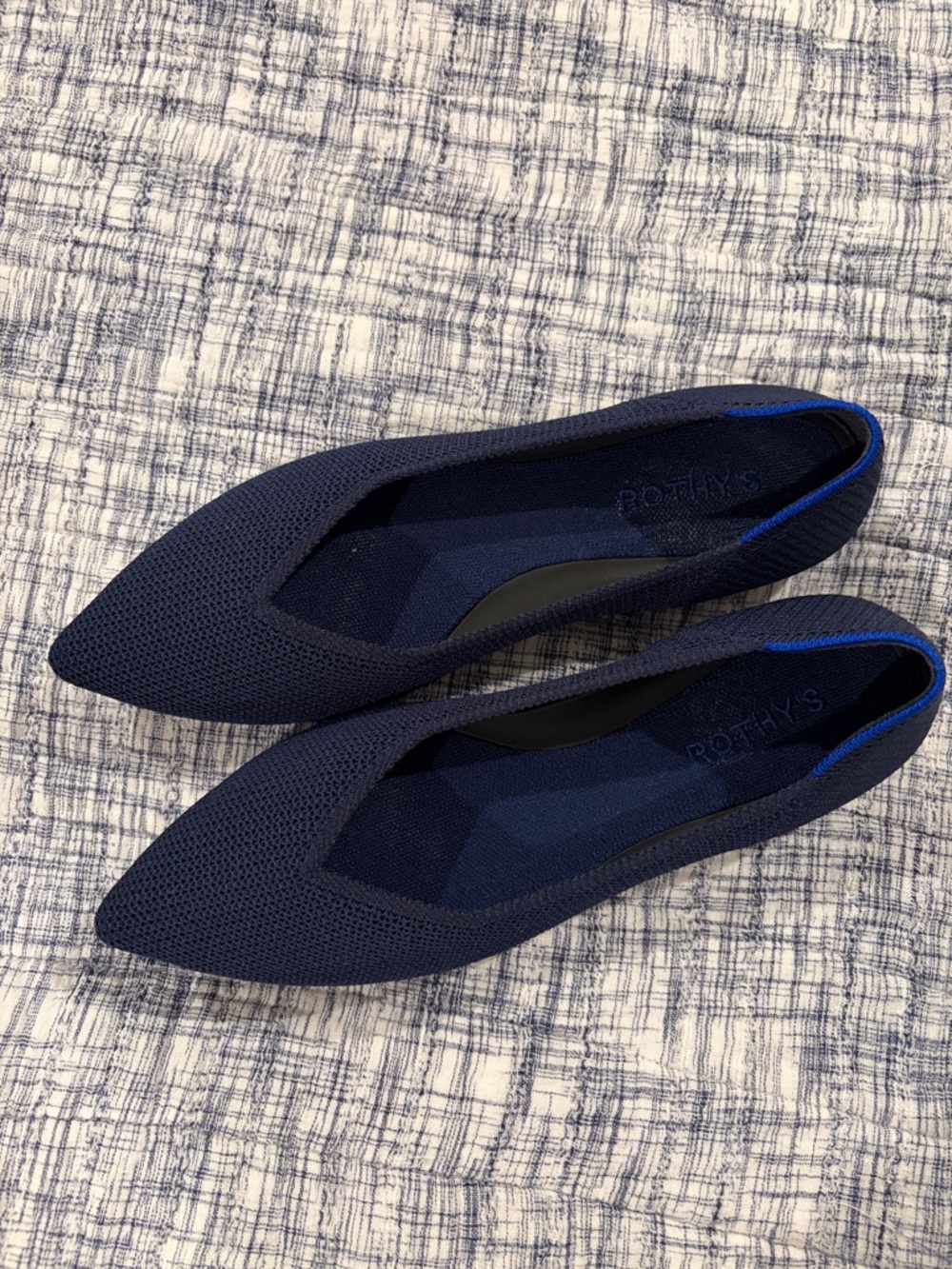 Rothy's Pointed Knit Flats in Dark Blue with Blue Trim
